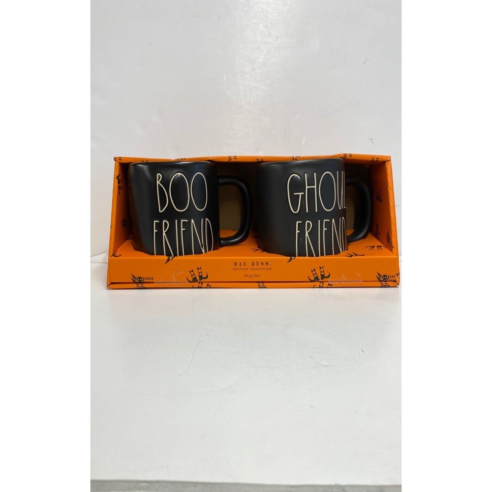 Rae Dunn GHOUL-FRIEND & BOO-FRIEND Mug Set Boo has Green and Ghoul has Orange